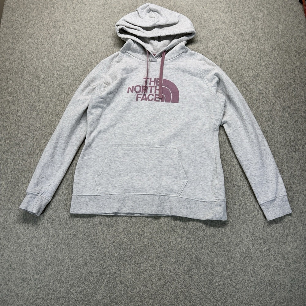 The North Face Logo Pullover Hoodie Gray Pink Graphic Fleece Women's Size L